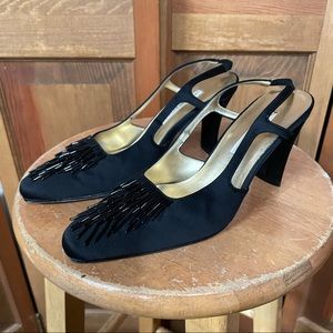 Ann Marino Size 6.5 Black Fringe Beaded Pumps Slingback Heels